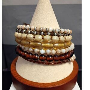 Vintage Boho Wrap Bracelet of Glass and Shell Beads in Browns, Beiges, and Golds